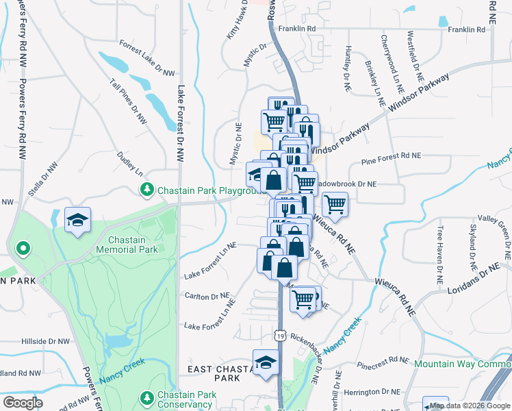 map of restaurants, bars, coffee shops, grocery stores, and more near 135 West Wieuca Road Northeast in Atlanta