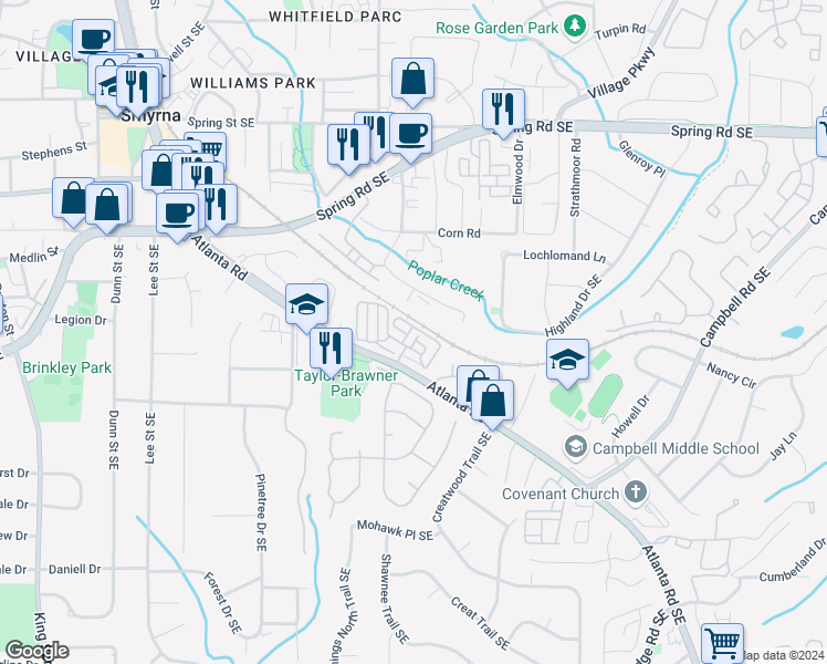map of restaurants, bars, coffee shops, grocery stores, and more near 3080 Jonquil Drive in Smyrna