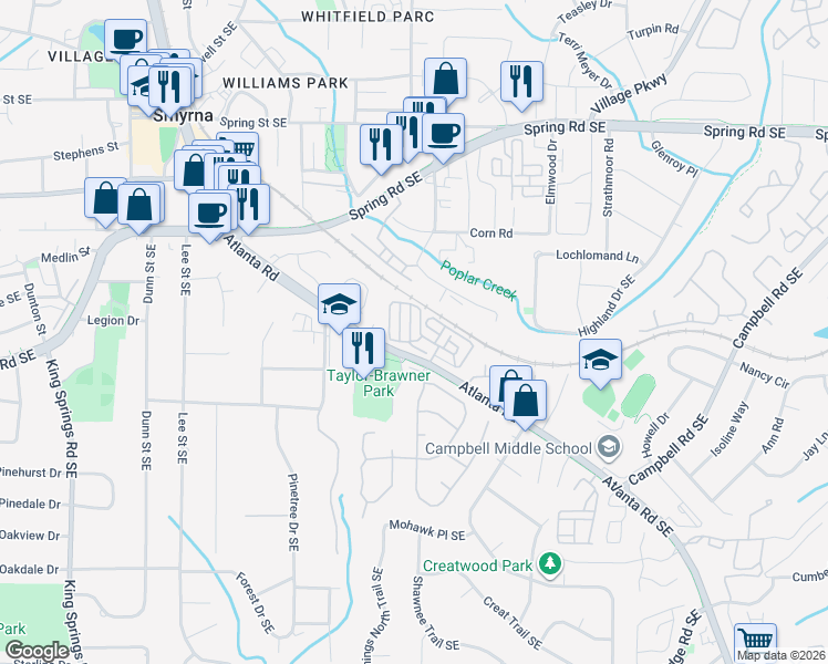 map of restaurants, bars, coffee shops, grocery stores, and more near 804 Vinings Forest Lane in Smyrna