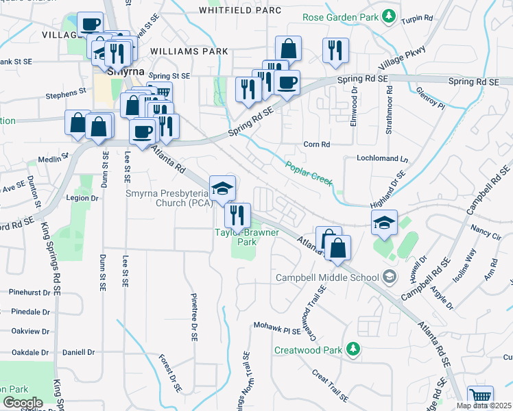 map of restaurants, bars, coffee shops, grocery stores, and more near 904 Vinings Forest Lane in Smyrna