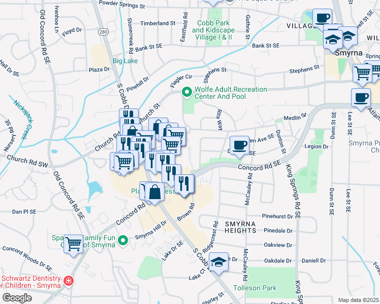 map of restaurants, bars, coffee shops, grocery stores, and more near 899 Concord Road Southeast in Smyrna