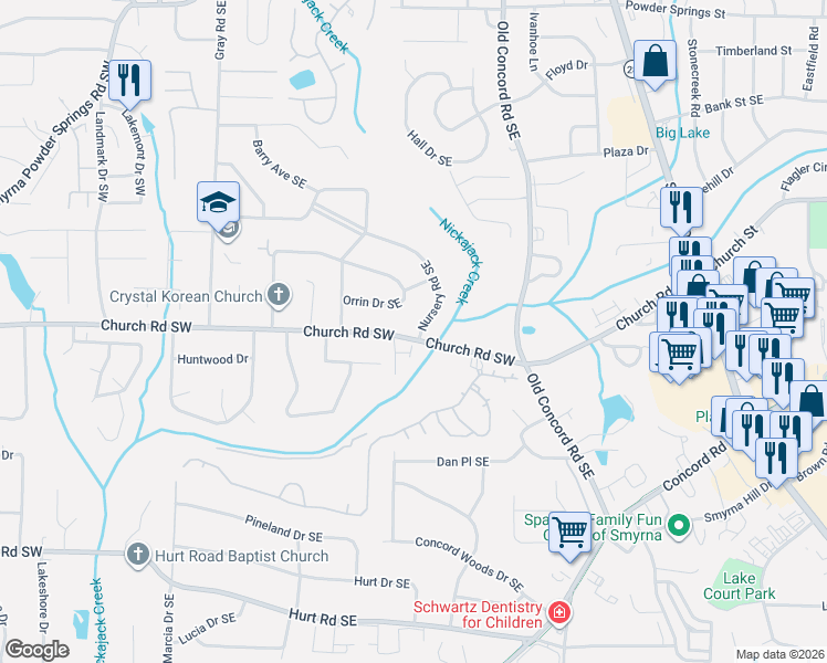 map of restaurants, bars, coffee shops, grocery stores, and more near 3139 North Nursery Road in Smyrna