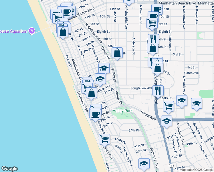 map of restaurants, bars, coffee shops, grocery stores, and more near 441 Longfellow Avenue in Hermosa Beach