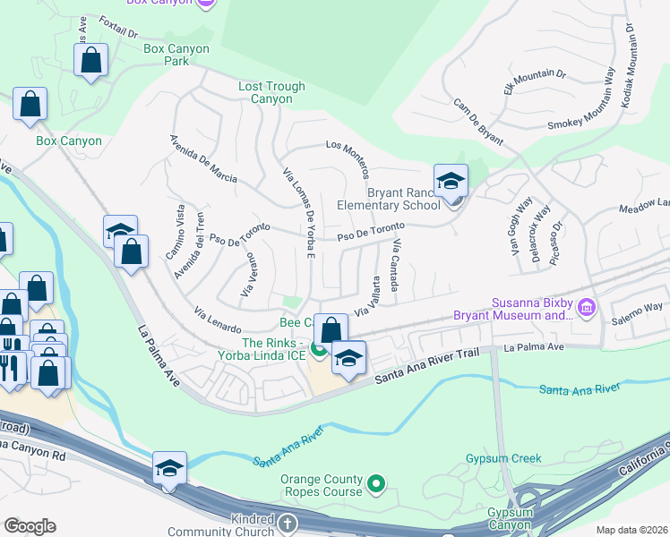 map of restaurants, bars, coffee shops, grocery stores, and more near 5565 Camino Famosa in Yorba Linda
