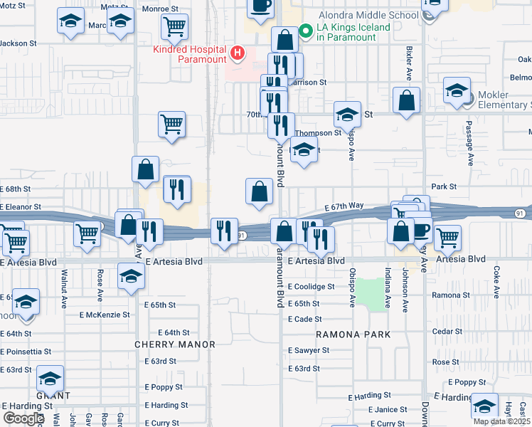 map of restaurants, bars, coffee shops, grocery stores, and more near 2644 East 68th Street in Long Beach