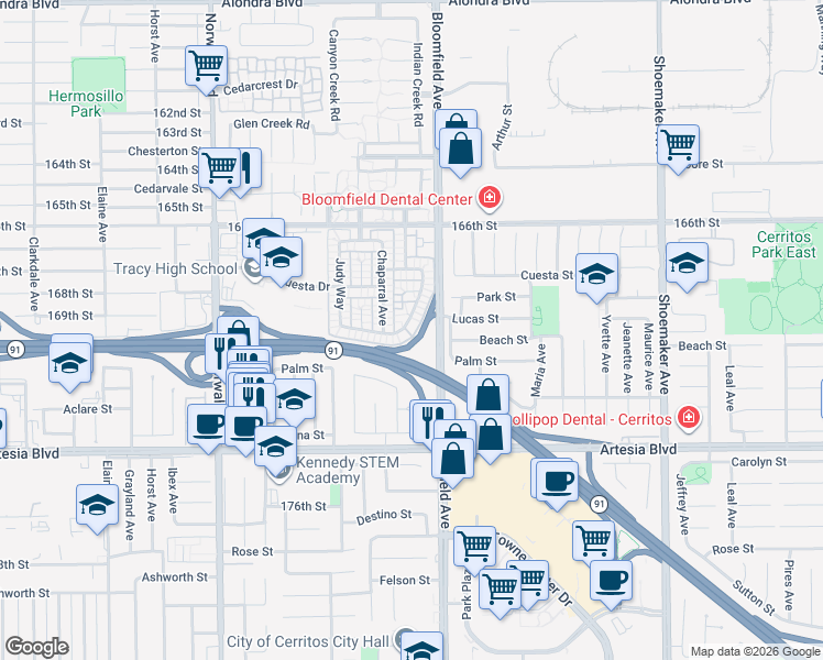 map of restaurants, bars, coffee shops, grocery stores, and more near 16932 Sierra Vista Way in Cerritos