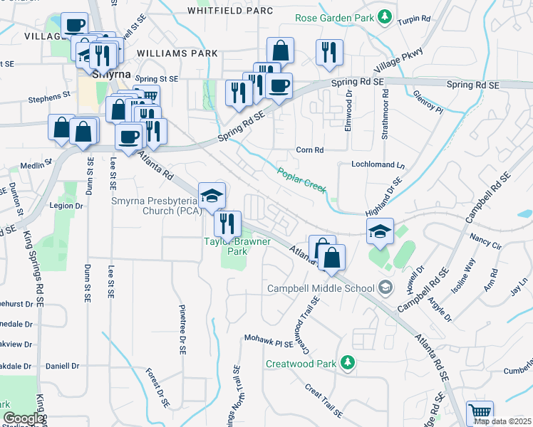 map of restaurants, bars, coffee shops, grocery stores, and more near 1008 Vinings Forest Lane in Smyrna