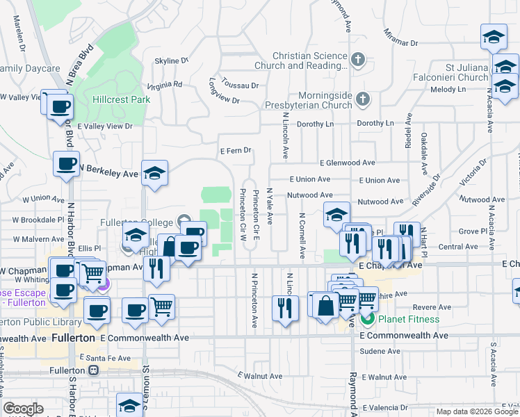 map of restaurants, bars, coffee shops, grocery stores, and more near 604 Princeton Circle East in Fullerton