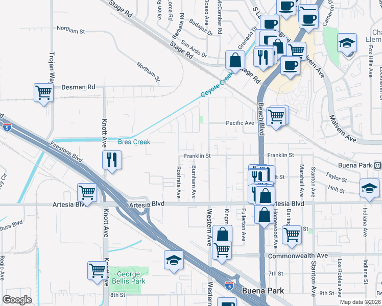 map of restaurants, bars, coffee shops, grocery stores, and more near 7395 Franklin Street in Buena Park