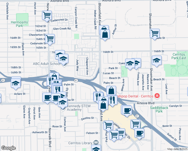 map of restaurants, bars, coffee shops, grocery stores, and more near 16920 Sierra Vista Way in Cerritos