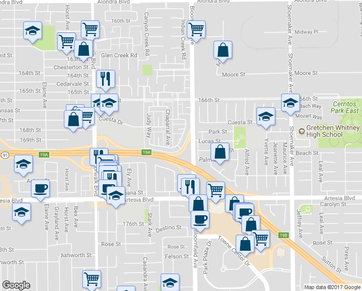 map of restaurants, bars, coffee shops, grocery stores, and more near 16932 Sierra Vista Way in Cerritos