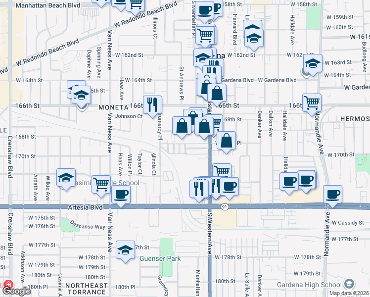 map of restaurants, bars, coffee shops, grocery stores, and more near 16950 Gramercy Place in Gardena