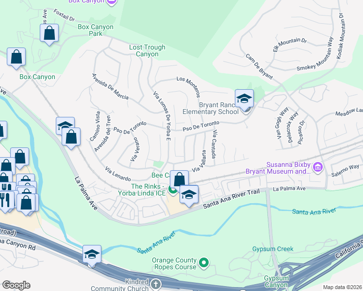 map of restaurants, bars, coffee shops, grocery stores, and more near 5565 Camino Famosa in Yorba Linda