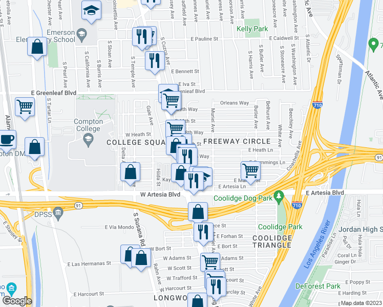 map of restaurants, bars, coffee shops, grocery stores, and more near 111 East 67th Way in Long Beach