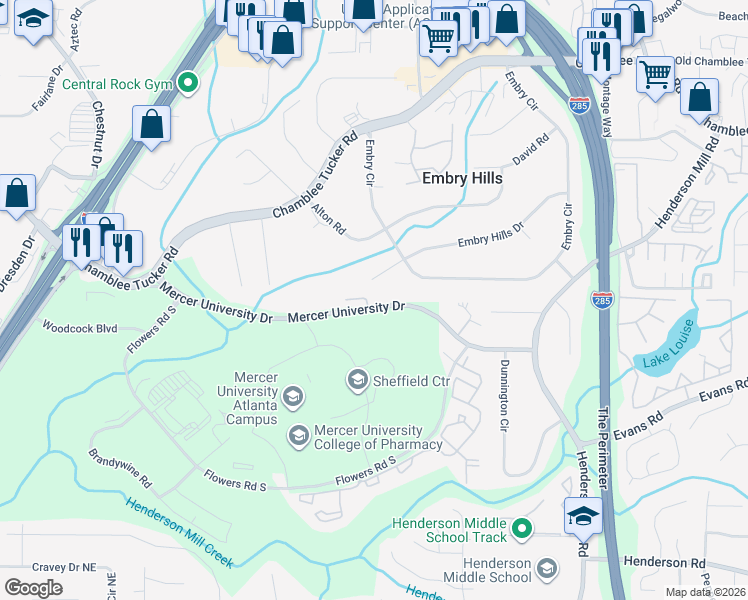 map of restaurants, bars, coffee shops, grocery stores, and more near 3158 Mercer University Drive in Atlanta