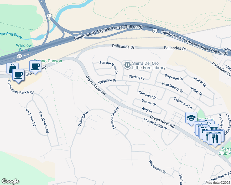 map of restaurants, bars, coffee shops, grocery stores, and more near 3535 Sweetwater Circle in Corona