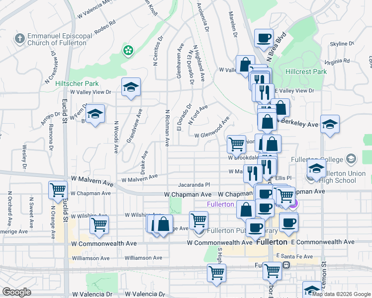 map of restaurants, bars, coffee shops, grocery stores, and more near 418 Del Monte West in Fullerton
