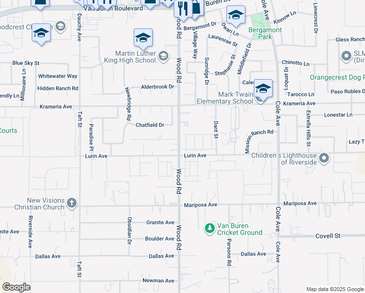 map of restaurants, bars, coffee shops, grocery stores, and more near 9575 Silverstein Drive in Riverside