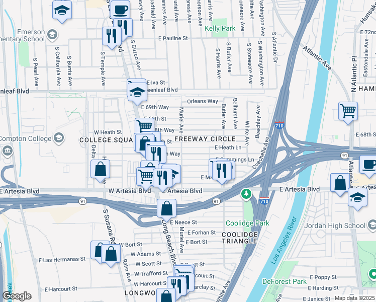 map of restaurants, bars, coffee shops, grocery stores, and more near 211 East 67th Way in Long Beach