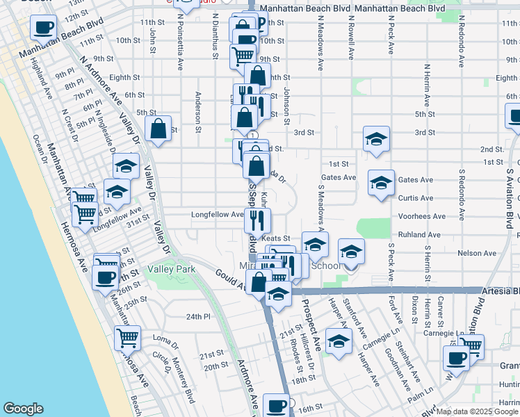 map of restaurants, bars, coffee shops, grocery stores, and more near 330 South Sepulveda Boulevard in Manhattan Beach