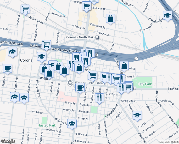 map of restaurants, bars, coffee shops, grocery stores, and more near 320 South Victoria Avenue in Corona