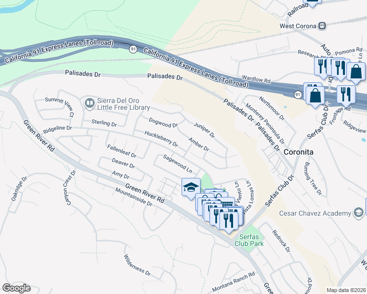 map of restaurants, bars, coffee shops, grocery stores, and more near 3011 Huckleberry Drive in Corona