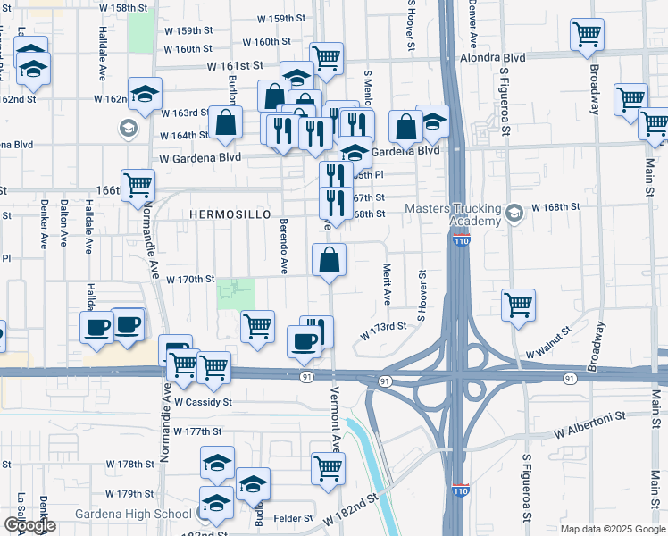 map of restaurants, bars, coffee shops, grocery stores, and more near 16915 Vermont Avenue in Gardena