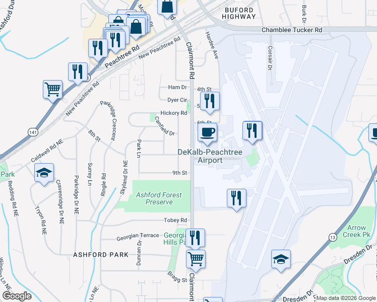 map of restaurants, bars, coffee shops, grocery stores, and more near 6 8th Street Northwest in Atlanta