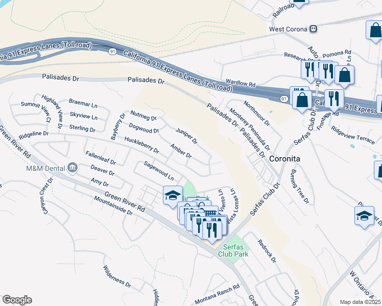 map of restaurants, bars, coffee shops, grocery stores, and more near 2945 Amber Drive in Corona