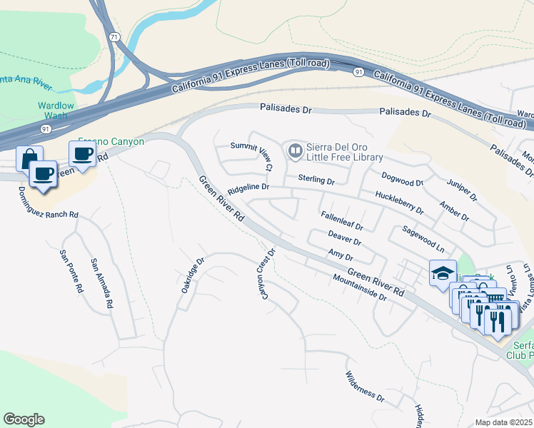 map of restaurants, bars, coffee shops, grocery stores, and more near 3535 Sweetwater Circle in Corona