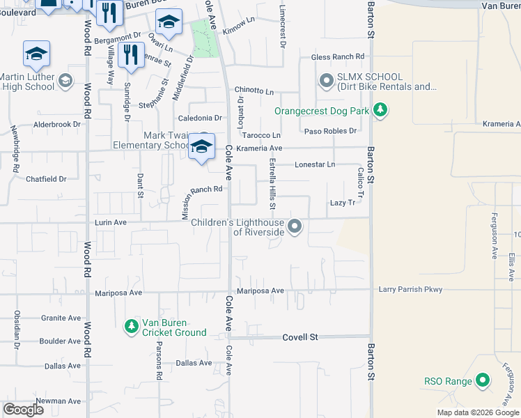 map of restaurants, bars, coffee shops, grocery stores, and more near 9541 Lost Grove Road in Riverside