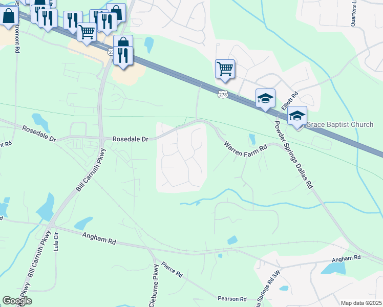 map of restaurants, bars, coffee shops, grocery stores, and more near 91 Ancient Oaks Way in Hiram