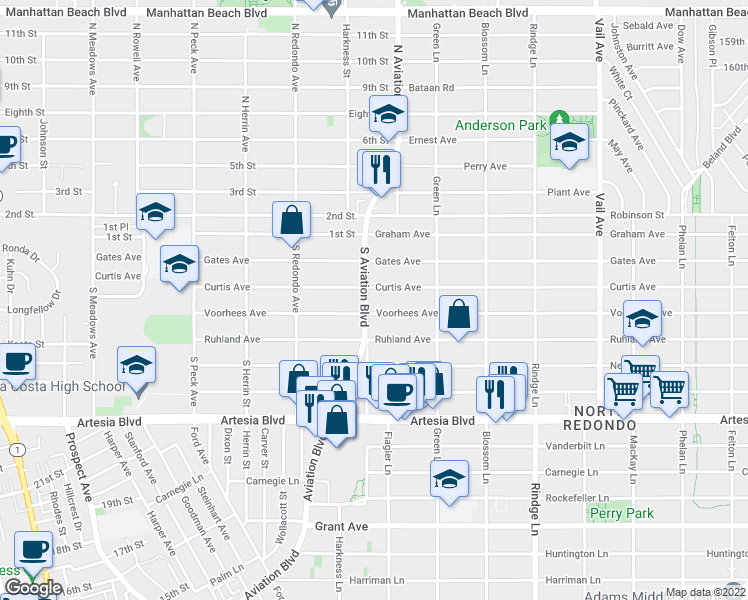 map of restaurants, bars, coffee shops, grocery stores, and more near 2406 Aviation Boulevard in Redondo Beach