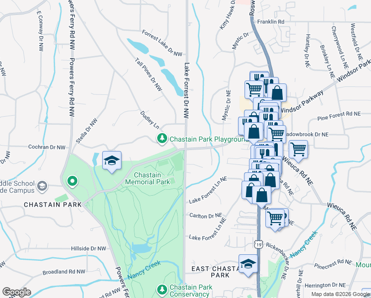 map of restaurants, bars, coffee shops, grocery stores, and more near 4685 Lake Forrest Drive Northeast in Atlanta
