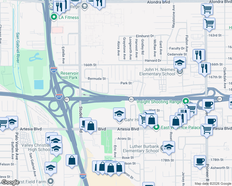 map of restaurants, bars, coffee shops, grocery stores, and more near 11203 Beach Street in Cerritos