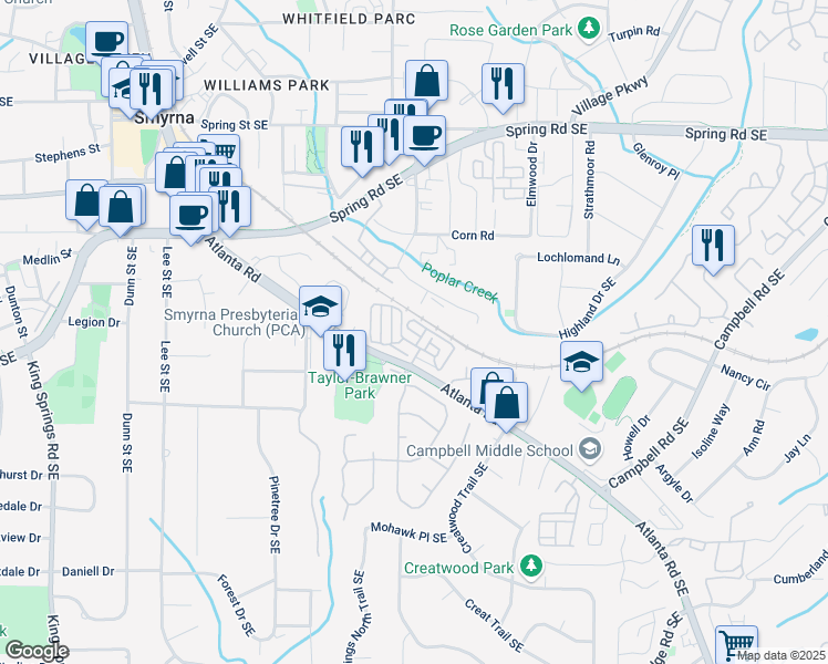 map of restaurants, bars, coffee shops, grocery stores, and more near 508 Vinings Forest Court Southeast in Smyrna
