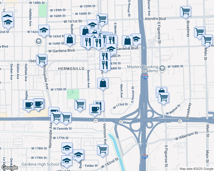 map of restaurants, bars, coffee shops, grocery stores, and more near 16930 South Vermont Avenue in Gardena
