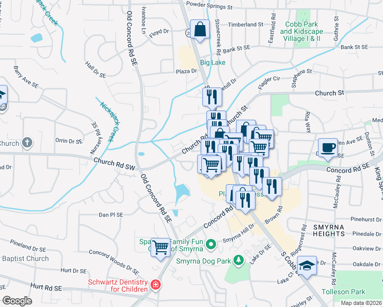map of restaurants, bars, coffee shops, grocery stores, and more near 690 Surrey Park Place Southeast in Smyrna