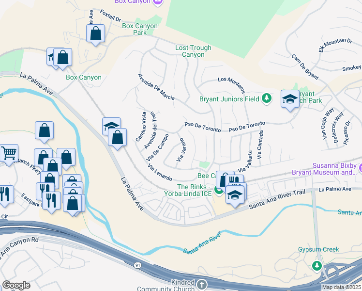 map of restaurants, bars, coffee shops, grocery stores, and more near 5525 Vía Verano in Yorba Linda