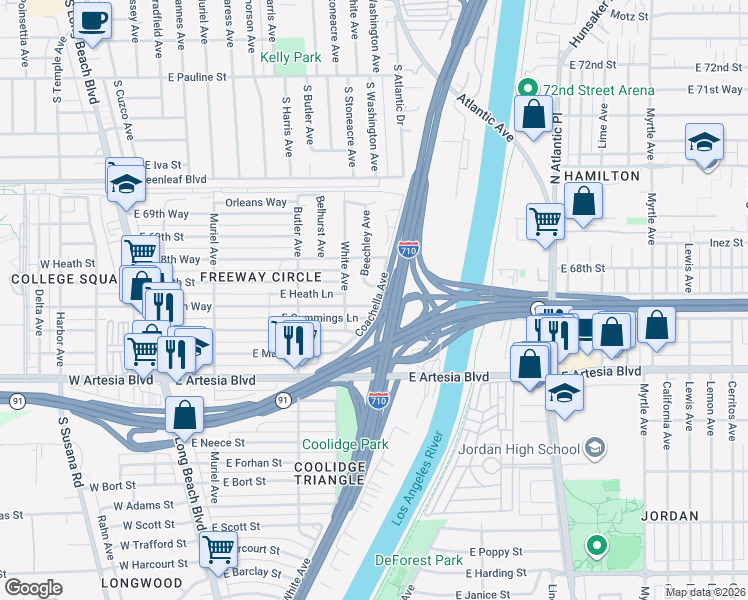 map of restaurants, bars, coffee shops, grocery stores, and more near 6793 Beechley Avenue in Long Beach