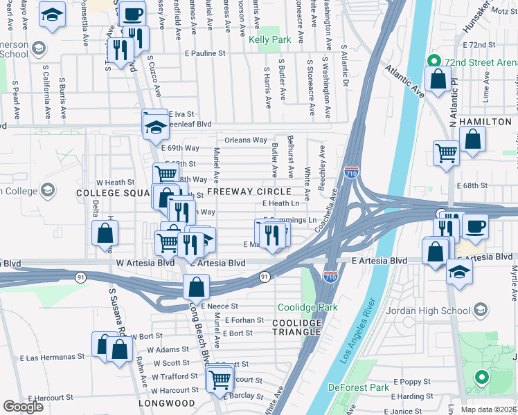 map of restaurants, bars, coffee shops, grocery stores, and more near 246 East 68th Street in Long Beach