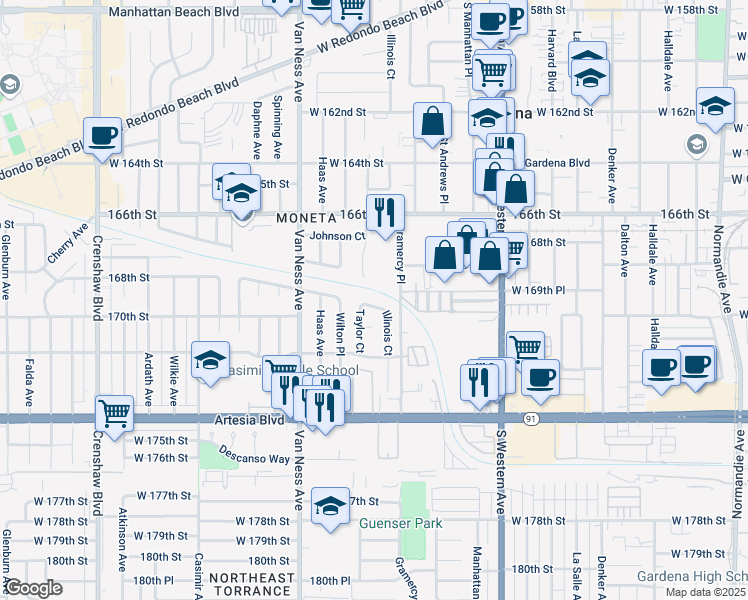 map of restaurants, bars, coffee shops, grocery stores, and more near 2033 169th Place in Torrance
