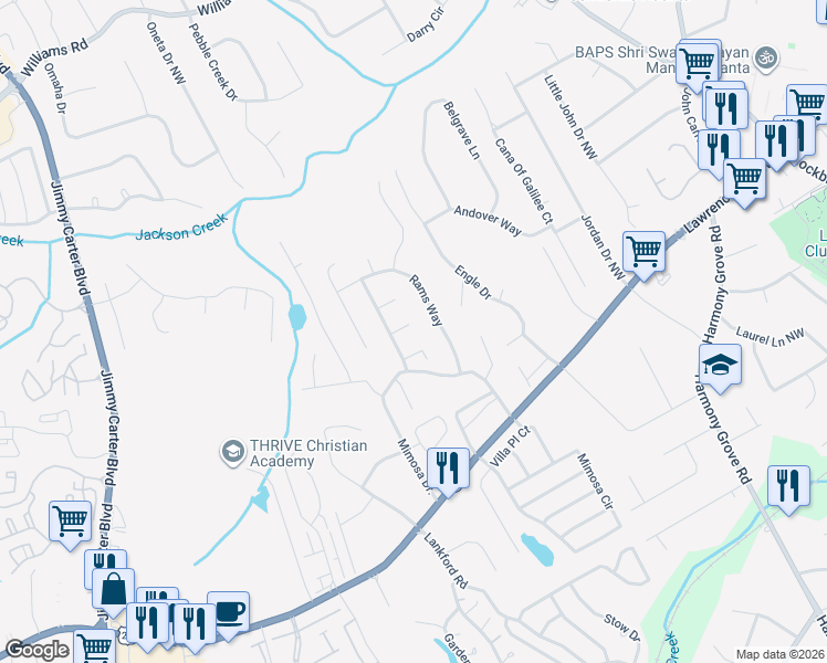 map of restaurants, bars, coffee shops, grocery stores, and more near 420 Rams Way in Tucker