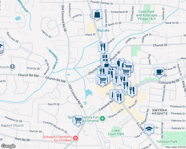 map of restaurants, bars, coffee shops, grocery stores, and more near 257 Aventine Lane in Smyrna