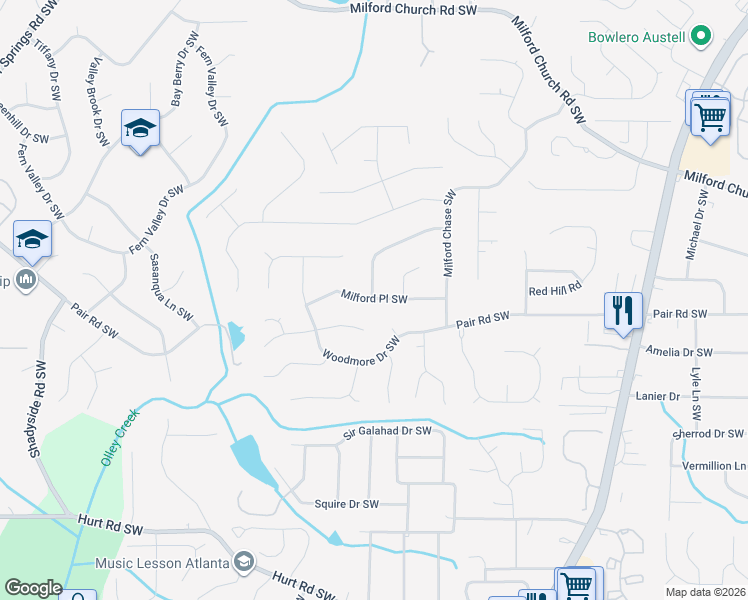map of restaurants, bars, coffee shops, grocery stores, and more near 1582 Milford Creek Lane Southwest in Marietta
