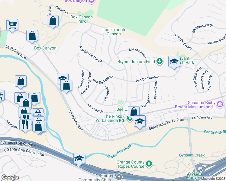 map of restaurants, bars, coffee shops, grocery stores, and more near 5555 Vista Cantora in Yorba Linda