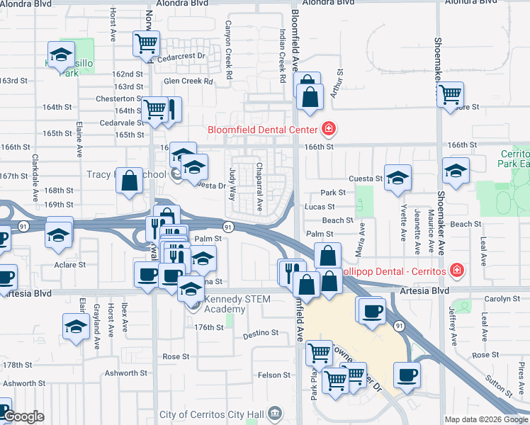 map of restaurants, bars, coffee shops, grocery stores, and more near 16918 Chaparral Avenue in Cerritos