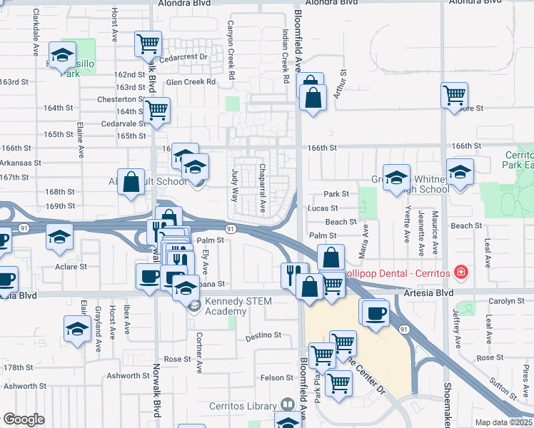 map of restaurants, bars, coffee shops, grocery stores, and more near 16918 Chaparral Avenue in Cerritos