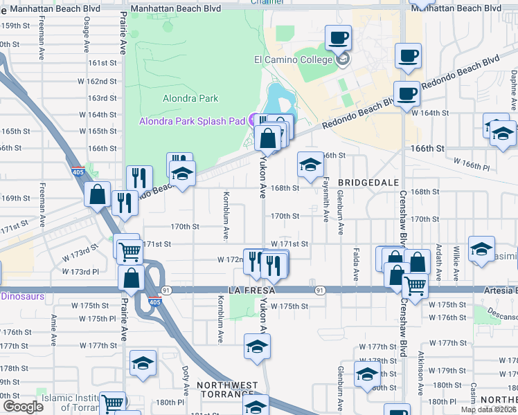 map of restaurants, bars, coffee shops, grocery stores, and more near 16911 Yukon Avenue in Torrance