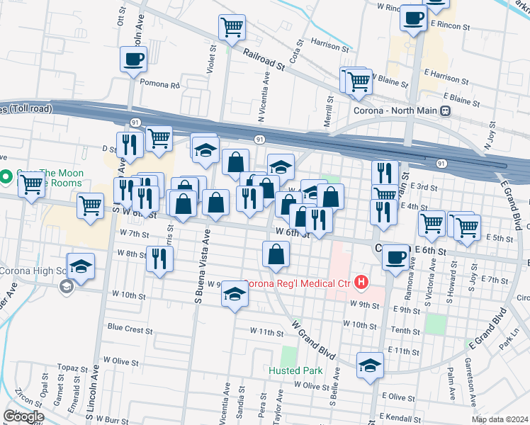 map of restaurants, bars, coffee shops, grocery stores, and more near West Grand Boulevard in Corona